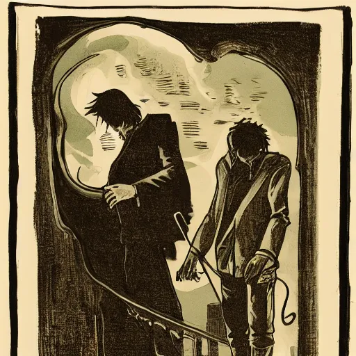 Image similar to two young men, one man human, one man vampire, night, on a birdge, in the style of once piece