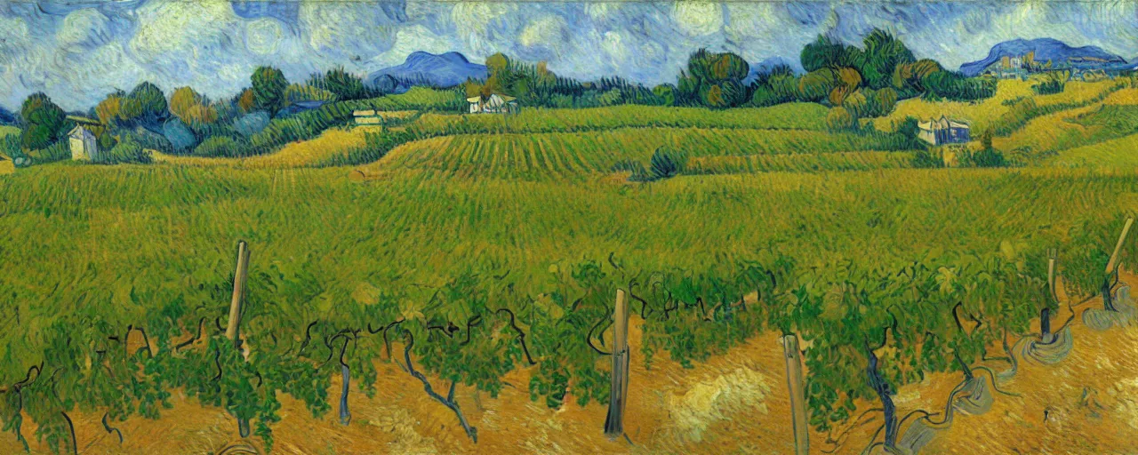 Prompt: trending on artstation, an idyllic vineyard, oil on canvas, in the style of Vincent van Gogh