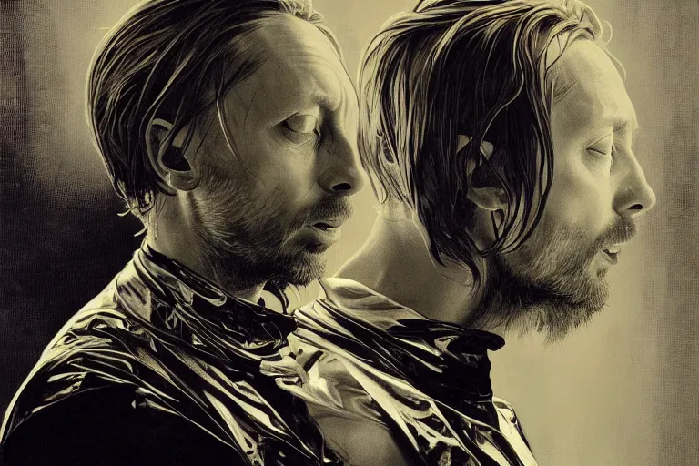 Prompt: hyper realistic portrait of thom yorke singer songwriter, side, liminal space, spacesuit, waterline, reflections, by lee bermejo, alphonse mucha and greg rutkowski