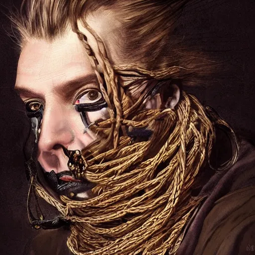 Image similar to portrait of a Shibari rope wrapped face and neck, headshot, insanely nice professional hair style, dramatic hair color, digital painting, of a old 17th century, old cyborg merchant, mouth wired shut, amber jewels, baroque, ornate clothing, scifi, realistic, hyperdetailed, chiaroscuro, concept art, art by Franz Hals and Jon Foster and Ayami Kojima and Amano and Karol Bak,