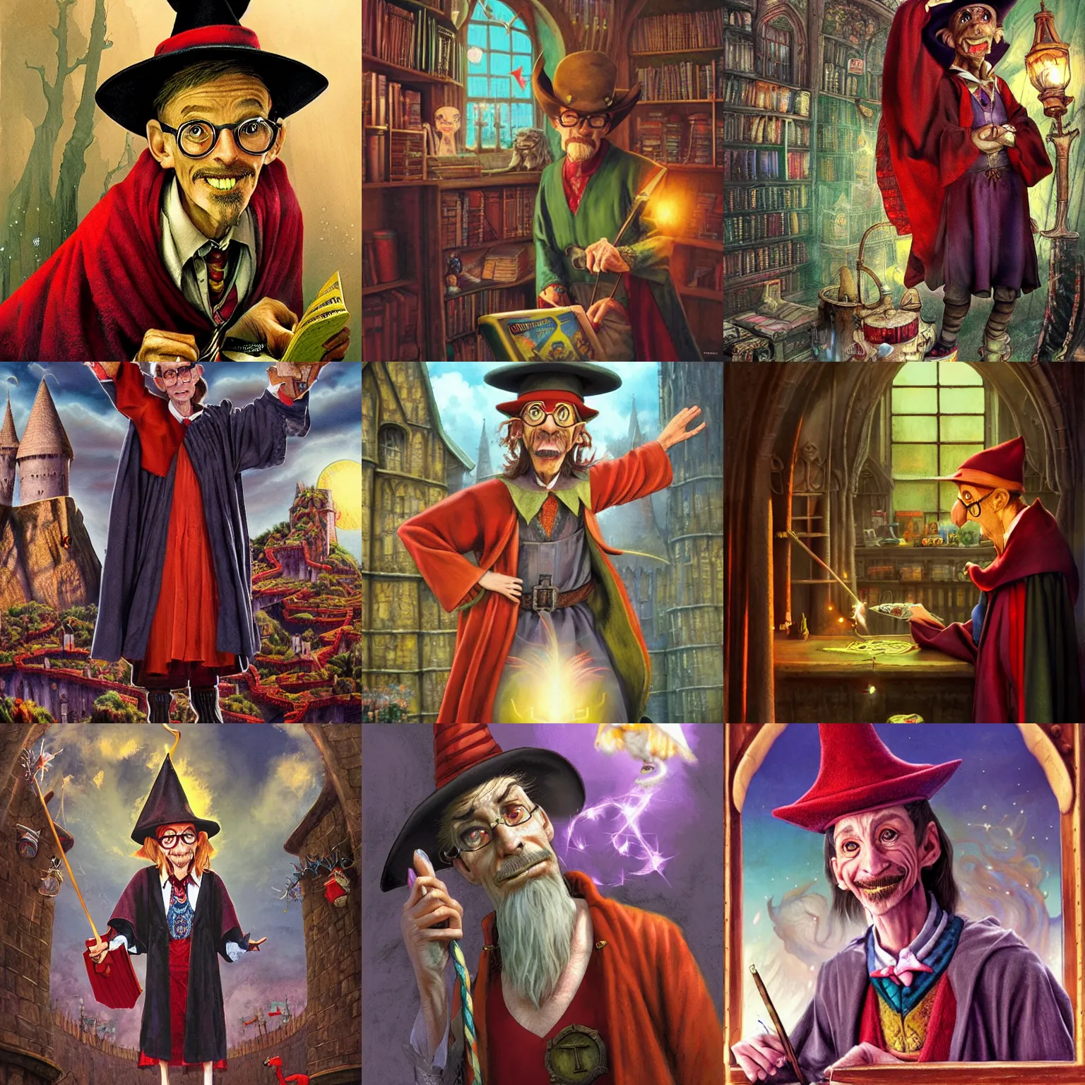 Prompt: Rincewind as a jumpy professor in Hogwarts School of Witchcraft and Wizardry, detailed, hyperrealistic, colorful, cinematic lighting, digital art by Paul Kidby and Jim Kay