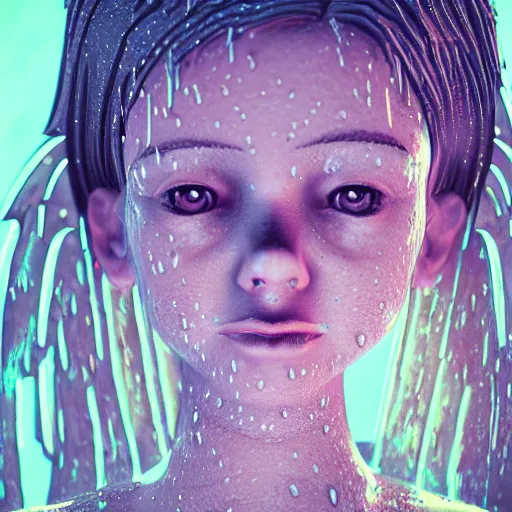 Image similar to angel, cartoon portrait made out of rain, realistic, highly detailed, neon, rendered in octane, unreal engine, beautiful, trending on artstation, emotional