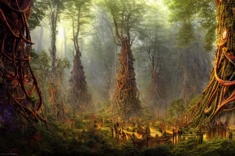 Image similar to a beautiful and highly detailed digital painting of an epic elven construction in an intricately woven forest in the misty mountains, psychedelic patterns, intricate details, epic scale, 8 k, sharp focus, photorealism, artstation, cgsociety, by caspar friedrich, albert bierstadt, james gurney, brian froud,