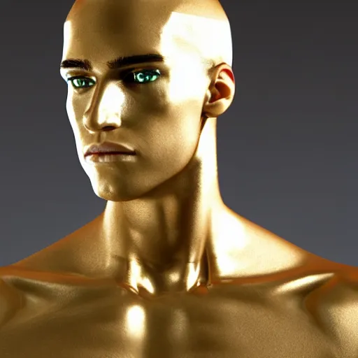 Image similar to a realistic detailed photo of a guy who is an attractive humanoid who is half robot and half humanoid, who is a male android, attractive and handsome soccer players, shiny skin, posing like a statue, blank stare, in a factory, on display, showing off his muscles, gold soccer shorts, side view, looking at each other mindlessly