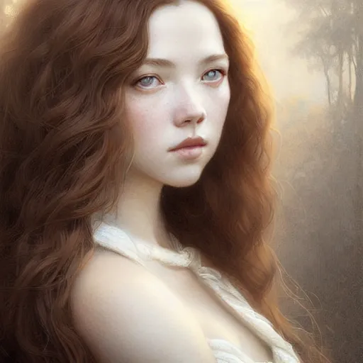 Image similar to beautiful striking Pre-Raphaelite Sydney Sweeney by Artgerm and Greg Rutkowski, pale, intricate, elegant, highly detailed, digital painting