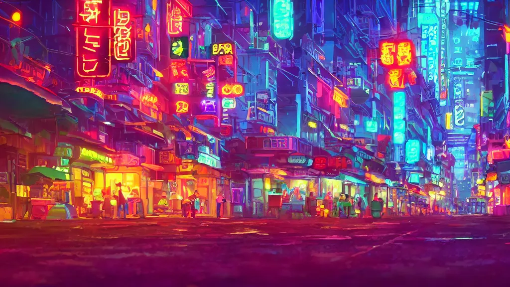 Prompt: animated film still, a vibrant and colorful alien city at night, light rain, dim neon lights, bokeh, dramatic depth of field, award-winning animated short film inspired by Studio Ghibli