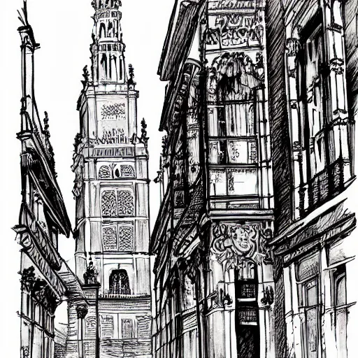 Image similar to la giralda from sevilla, ink manga drawing