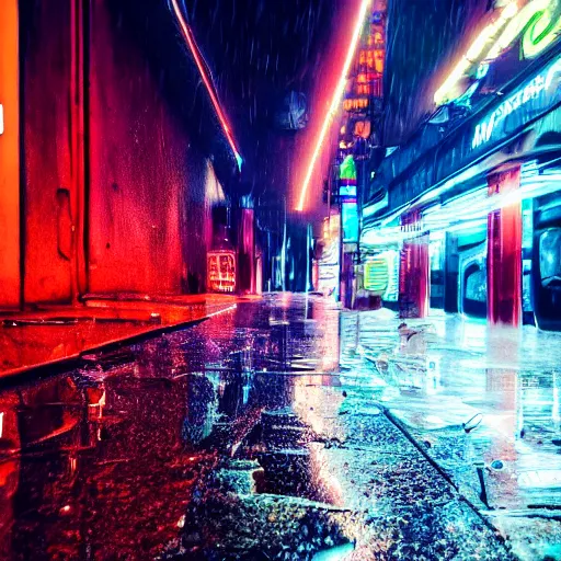 Image similar to a high quality photo of a chameleon on the streets of a cyberpunk city, rainy, reflective ground, neon lights, realism, 8k