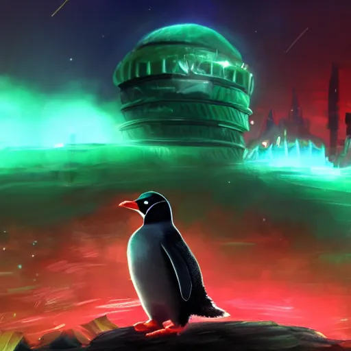 Image similar to penguin with red glowing eyes in front of a green glowing tower in the background, guild wars 2 art style