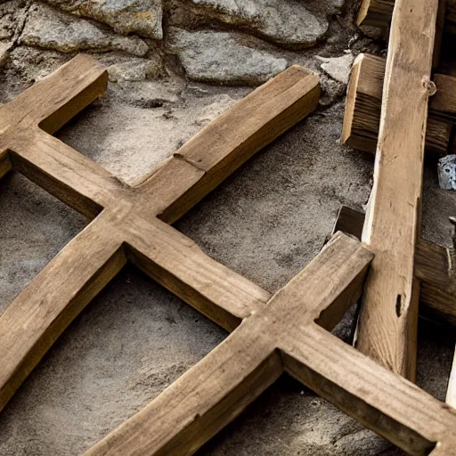 Prompt: beautiful photograph three 1st century empty wooden crosses on calvary hill, close up, dslr photo