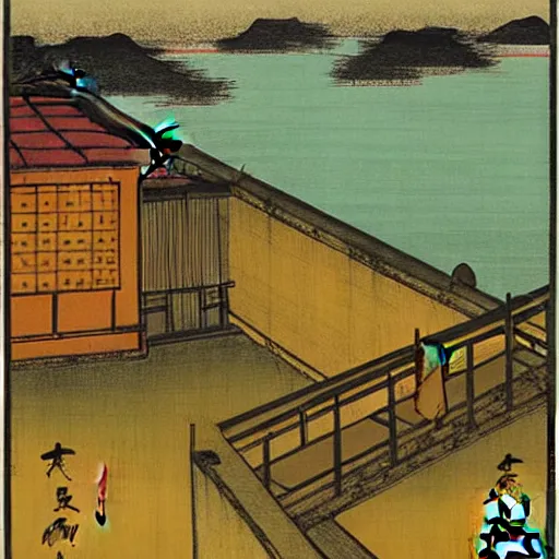 Image similar to a chinese prison near a river by peter doig : : 1 and ukiyo - e : : 0. 1, muted colors