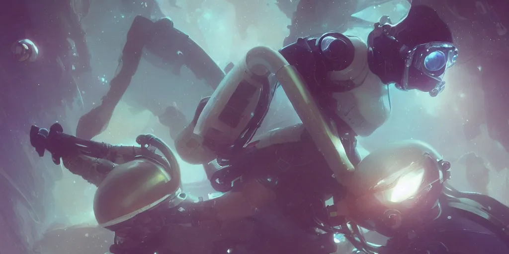 Image similar to Zoe Kravitz as a futuristic astronaut, underwater in the ocean at night, murky water, volumetric lighting, glowing lights, 4k, octane, digital painting, artstation, concept art, sharp focus, underwater photograph , art by artgerm and greg rutkowski and alphonse mucha , portrait,