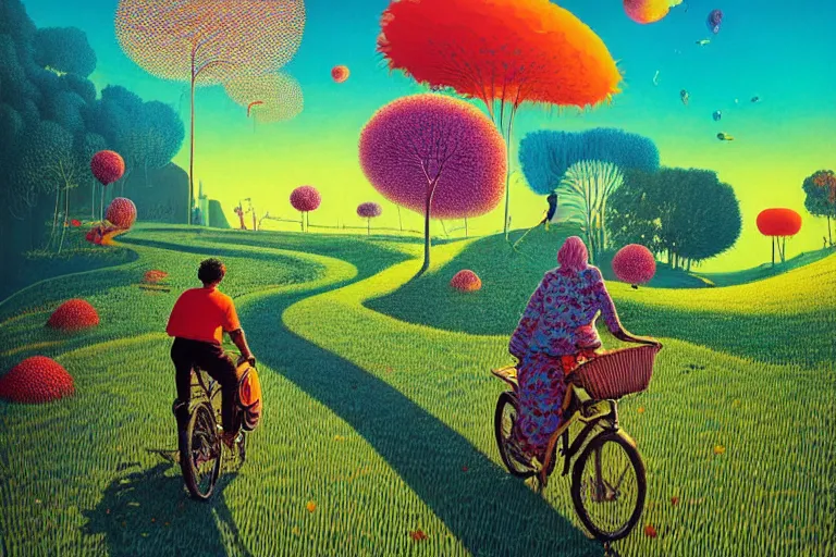 Image similar to surreal glimpse into other universe, riding beca malacca, summer morning, very coherent and colorful high contrast, art by!!!! gediminas pranckevicius!!!!, geof darrow, floralpunk screen printing woodblock, dark shadows, hard lighting, stipple brush technique,