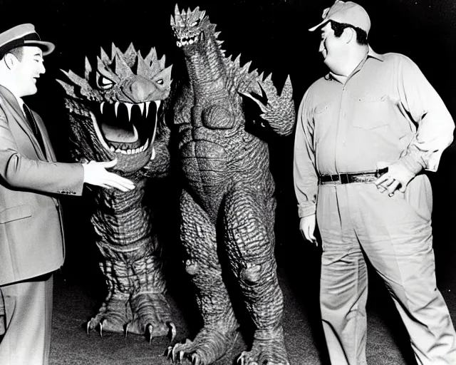 Image similar to a photograph of Abbott and Costello meeting Godzilla