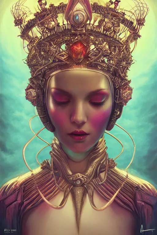 Image similar to portrait of a alien queen wearing an elaborate crown, straight on portrait, by artgerm, tom bagshaw, gerald brom, vaporwave colors, lo fi colors, vaporwave, lo fi, 2 point studio lighting, dramatic lighting, creepy aesthetic, 4 k, hd,