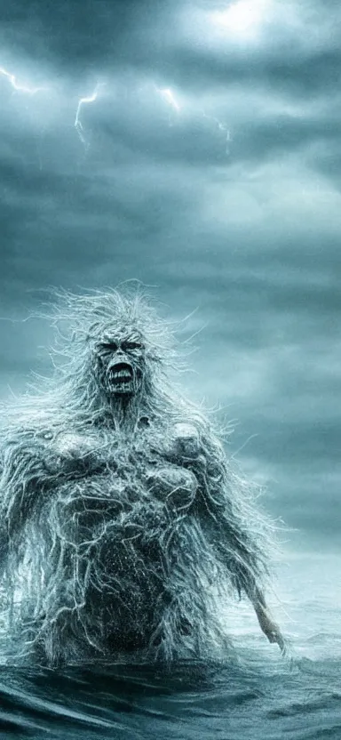 Prompt: giant creepy monster made of water, made of liquid, rising up from ocean, water armor, high detail, high contrast, close up portrait, studio lighting, stormy seas, beautiful, bokeh, snowy, storm clouds, god rays, d & d, fantasy, elegant, aquamarine color palette, concept art, roger deakins and greg rutkowski and alphonse mucha