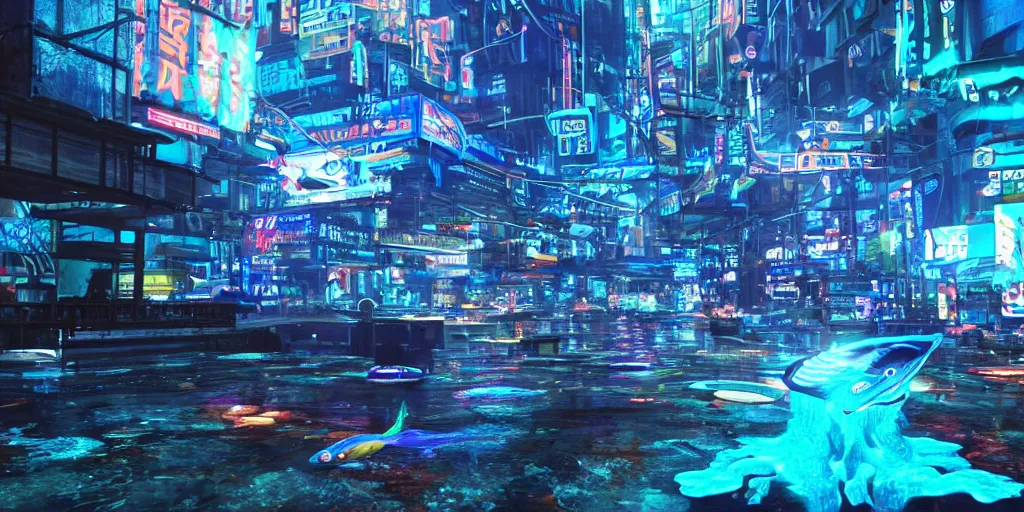 Image similar to Cybernetic fish jumping out of a river of fluorescent blue battery acid in a cyberpunk city, ultra-realistic, dramatic lighting, HDR, 8K resolution