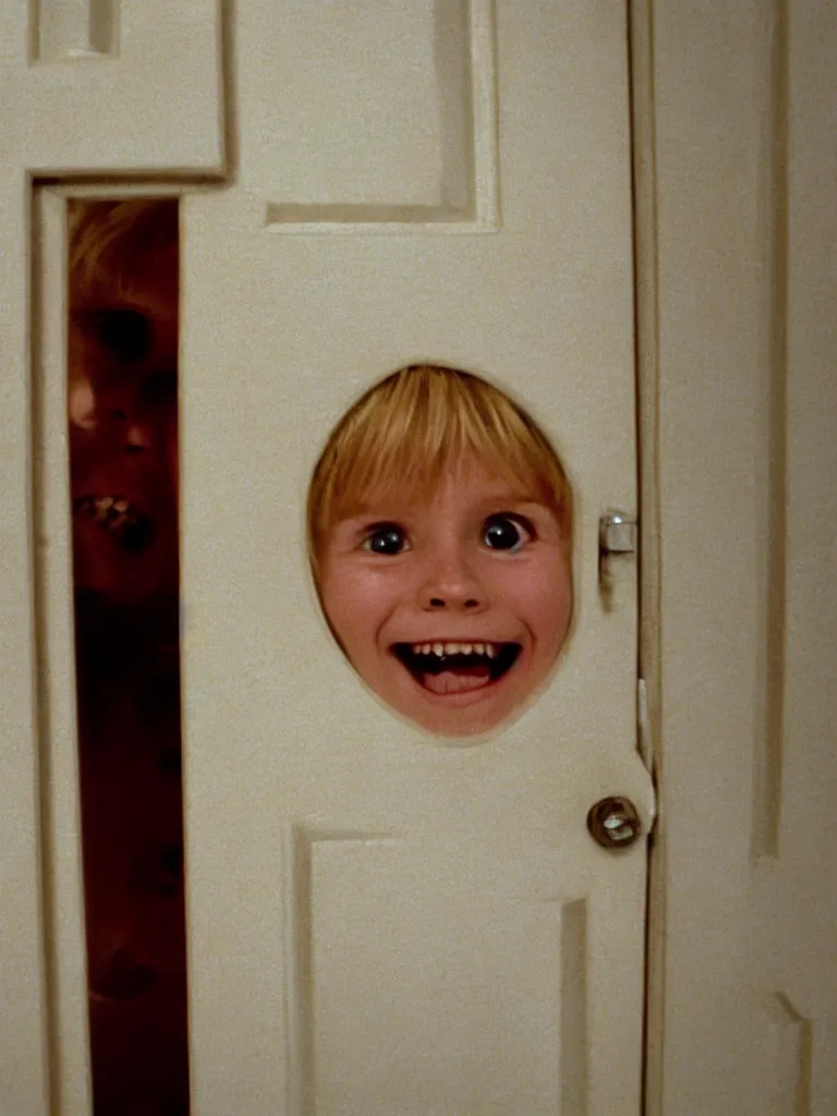 Image similar to a cute little blonde kid trying to see through a huge vertical crack on a white wooden door and grinning maniacally, a still from the 1980 movie the shining, realism, 4k, grainy, panavision