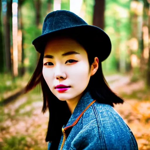 Prompt: close up portrait of an korean woman with beautiful face and modern clothes standing outside of an old cabin, forest in the background, bokeh, depth of field, dramatic lighting, cinematic, vivid colors, matte painting, vivid color scheme