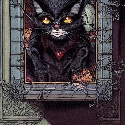 Image similar to vampire cat, inside a frame on a tiled wall, frontal picture, by yoichi hatakenaka, masamune shirow, josan gonzales and dan mumford, ayami kojima, takato yamamoto, karol bak