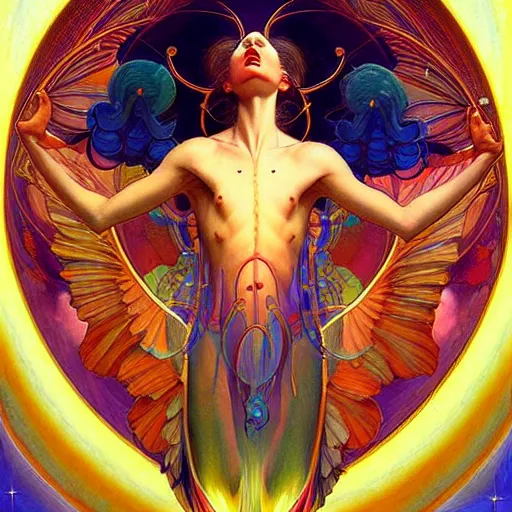 Image similar to psychedelic angelic celestial being artwork of esao andrews frank xavier leyendecker, energy body, sacred geometry, esoteric art, divinity detailed, saturated colors,