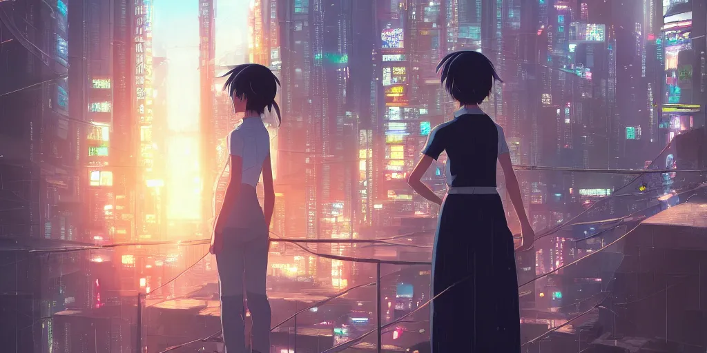 Image similar to beautiful anime painting of a woman looking out of the balcony to the cyberpunk city, by makoto shinkai, kimi no na wa, artstation, atmospheric.