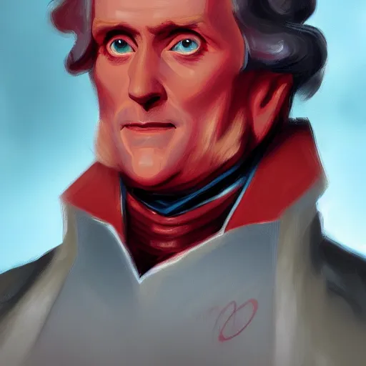 Prompt: portrait of Thomas Jefferson with red trees in the background, as a magic the gathering card, painted by Jaime Jones and Sergeant, high detail, trending on artstation