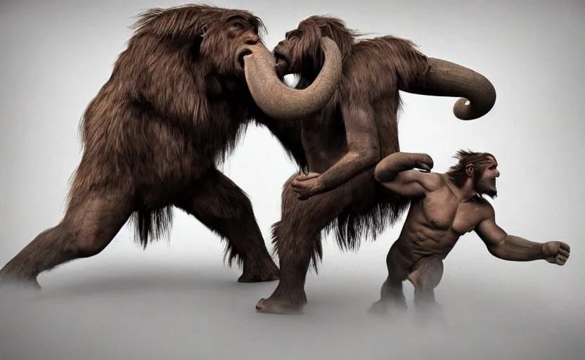 Image similar to made 1 5 0's neanderthal fighting with mammoth, perfect dynamic posture, perfect dynamic environment, perfect dynamic body form, perfect dynamic pose, trending pinterest, perfect dynamic position, award winning photo by national geographic, and pulittzer winner, realistic, bokeh, reduce duplication interference