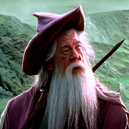 Image similar to gandalf with a pink bowtie on his head, movie still from Lord of the Rings