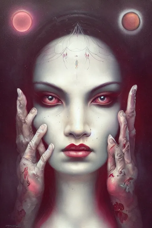 Image similar to a woman with a third eye, painting by tom bagshaw