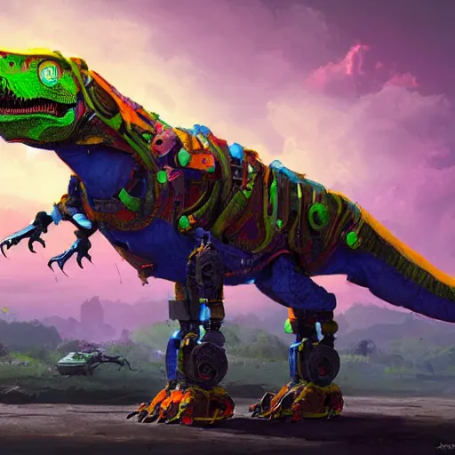 Prompt: a character art rendering of a brightly colored robot T-rex made of mechanical parts, cartoonish psychedelic paleoart rendering, realistic dinosaur cyborg in the style of greg rutkowski and simon stålenhag, made with zbrush