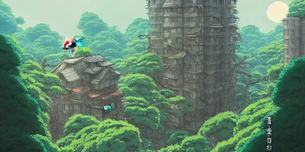 Prompt: a beautiful movie still in the style of Studio Ghibli anime showing a giant scary creature destroying a building in a post-apocalyptic Tokyo overrun with vegetation. Studio Ghibli, award-winning sci-fi, aerial photography, wide angle lens, trending on artstation, trending on behance