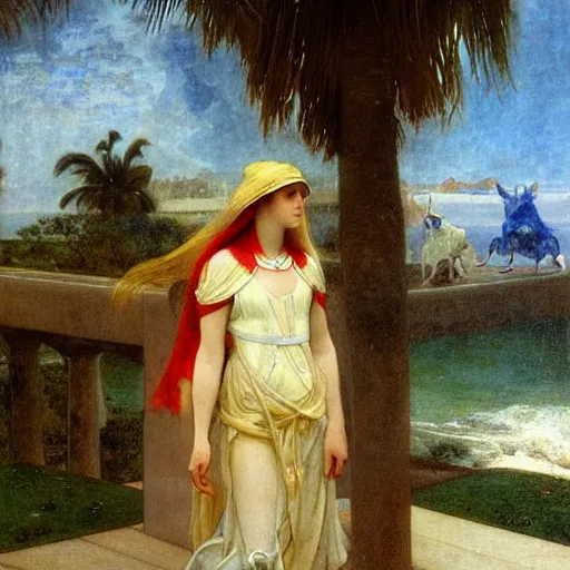 Image similar to Girl riding a horse leaving the palace through the bridge, thunderstorm, pool, beach and palm trees on the background major arcana sky, by paul delaroche, alphonse mucha and arnold böcklin arnold böcklin hyperrealistic 8k, very detailed