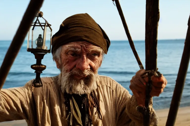 Prompt: closeup old man holding up a lantern on the beach in a pirate bay meet to a old wood shack by emmanuel lubezki