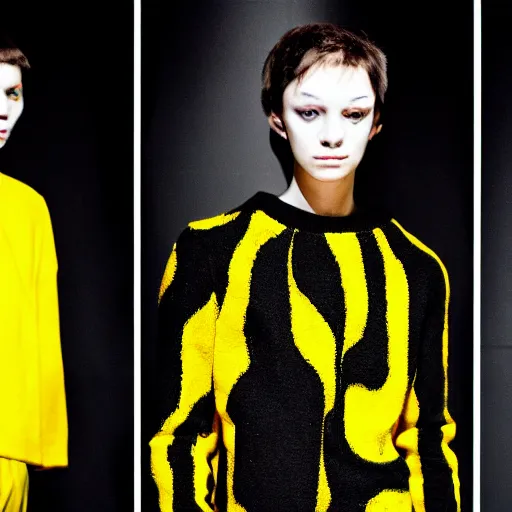 Image similar to brutalist fashion incorporating black and yellow, fashion show, studio lighting