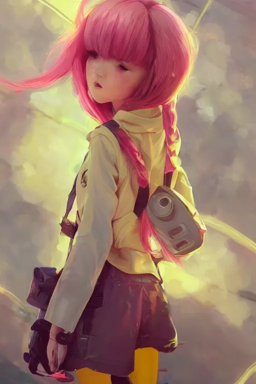 Prompt: a cute girl, pink hair covered with hairpins, big eyes ， yellow inflatable loose plastic cyber technology jacket, huge jet rocket engine backpack, fantasy art by guweiz, sleek curves, intricate sharp focus, trending on artstation hq, deviantart, pinterest, unreal engine 5, highly detailed, 4 k uhd image