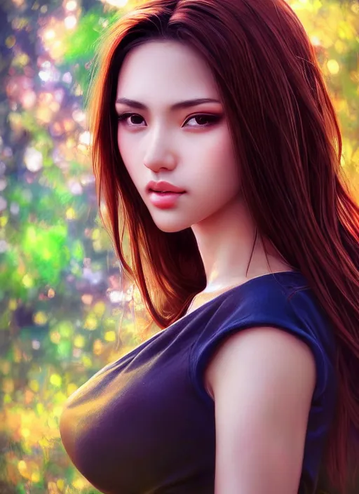 Image similar to photo of a gorgeous female in the style of stefan kostic, realistic, professionally, half body shot, sharp focus, 8 k high definition, insanely detailed, intricate, elegant, art by stanley lau and artgerm, extreme bokeh foliage