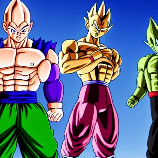 Prompt: Screenshot of Vegeta, Frieza, Cell, Majin Buu and Broly in the game GTA V, highly detailed