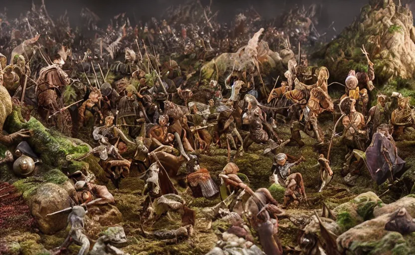 Image similar to stunning photograph of a claymation diorama of the battle of the pelennor fields, detailed, by erwin olaf, joop geesink, jim henson, brian froud, 8 k resolution, beautiful lighting, studio light, extremely detailed, establishing shot, realistic materials, hyperrealistic