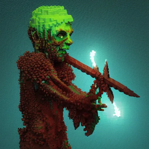 Image similar to voxel painting by greg rutkowski of a drowned zombie holding a trident with glowing cyan eyes, wearing ragged clothing, holding a trident, underwater, pastel green and blue color palette