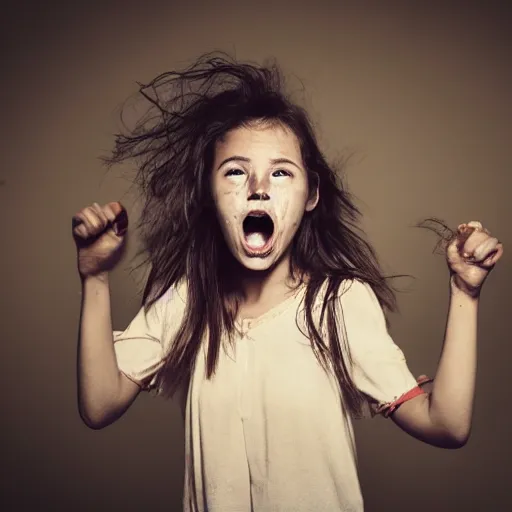 Prompt: young girl with disheveled face messy hair dark atmosphere screaming expression