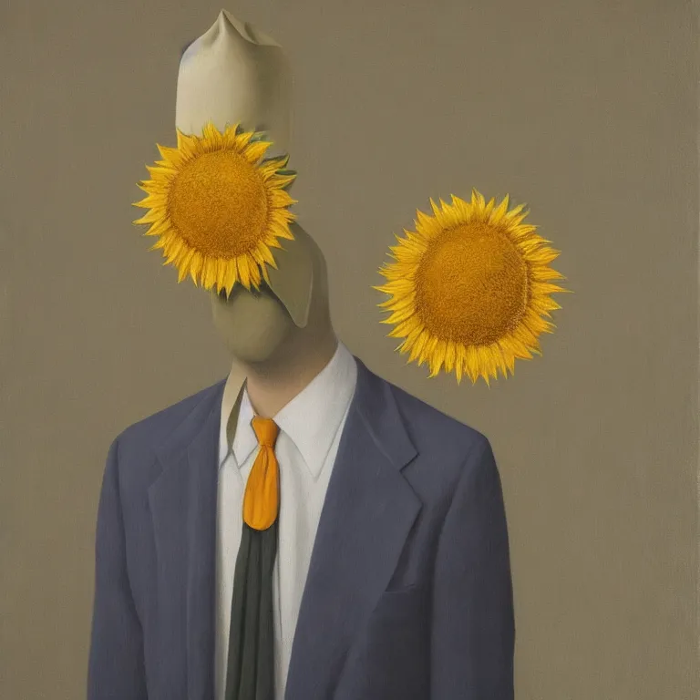 Image similar to portrait of a faceless sunflower - head man in a suit by rene magritte, detailed painting, distance, centered, hd, hq, high resolution, high detail, 4 k, 8 k