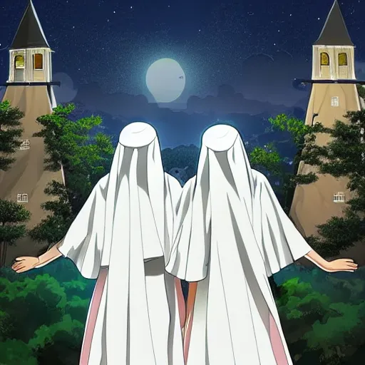 Prompt: two identical female nuns outside at night, viewed from above, clean detailed anime art