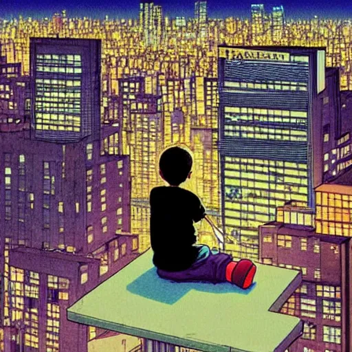 Image similar to a kid in a big city, sits on rooftop, watches a beautiful night full of stars and tech buildings, by satoshi kon and basil gogos