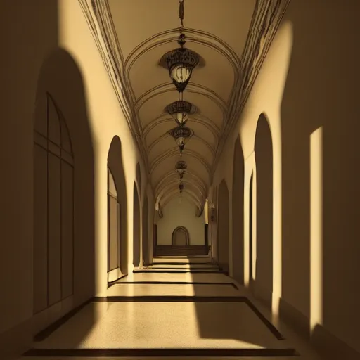 Image similar to small dark corridor that leads to a majestic beautiful palace, natural light with shadows, octane rendered,