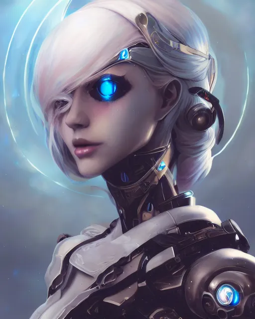 Image similar to holy cyborg necromancer girl, elegant, perfect face, scifi, futuristic, utopia, garden, illustration, atmosphere, warframe, blue eyes, white hair, focused, artstation, nier automata, highly detailed, art by yuhong ding and chengwei pan and serafleur and ina wong