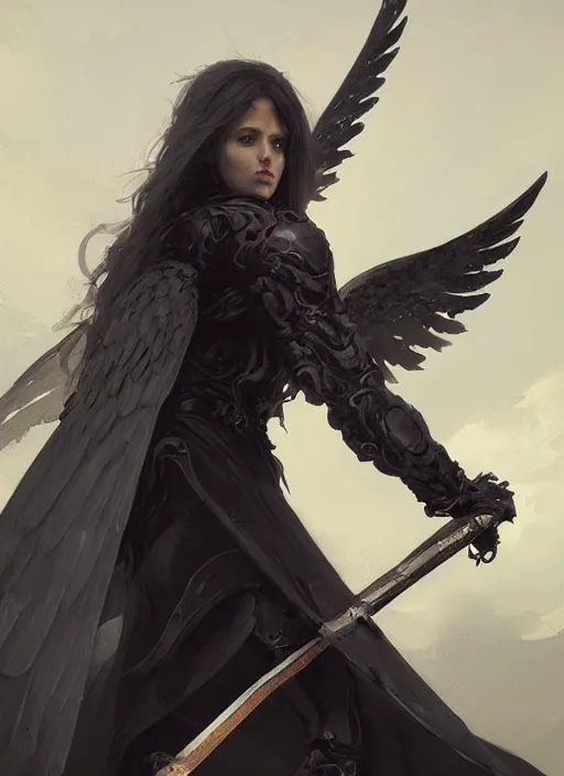 Prompt: a portrait of a beautiful angel of death with black wings holding a large scythe by marco bucci and greg rutkowski, sharp focus, detailed, cinematic, closeup