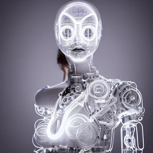 Image similar to beautiful centered fine art photo portrait of romantic beautiful girl as a solarpunk robotic humanoid, white mechanical parts with led lights, ballet style pose, photorealistic, white background, highly detailed and intricate, soft box lighting, hdr 8 k