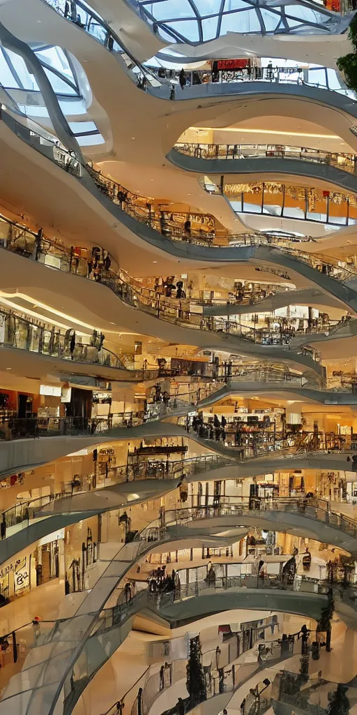 Prompt: interior of the luxery shopping mall in the rainforest river city in the negev desert