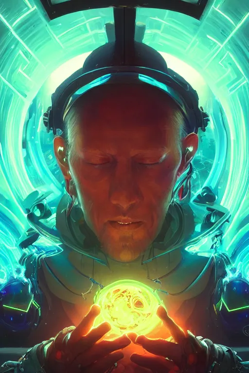 Image similar to cyber-warlock surrounded by techy glowing glitch magic holograms, used scifi style, D&D, sketchy lines and brushstrokes, no blur, 4k resolution, ultra detailed, style of Greg Rutkowski, Zac Retz, Kawase Hasui, beeple, Eddie Mendoza, alphonse mucha,